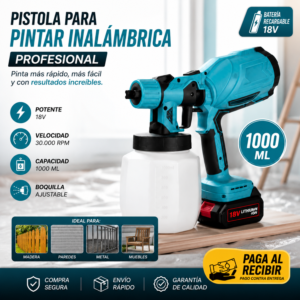 Pistola para Pintar Eléctrica Inalámbrica 18V con Doble Batería y 1000ml de Capacidad